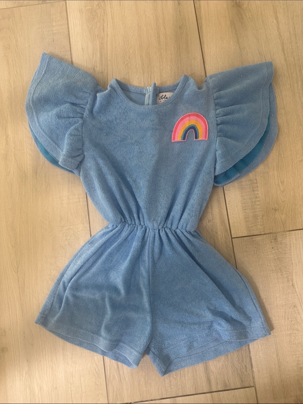 Lola + The Boys Light Blue Terry Romper with Rainbow Patch